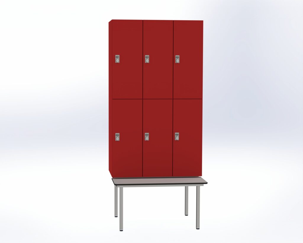 Trockenraum-Spind mit Untergebauter Sitzbank   - 3 Abt. Rot Drehriegel