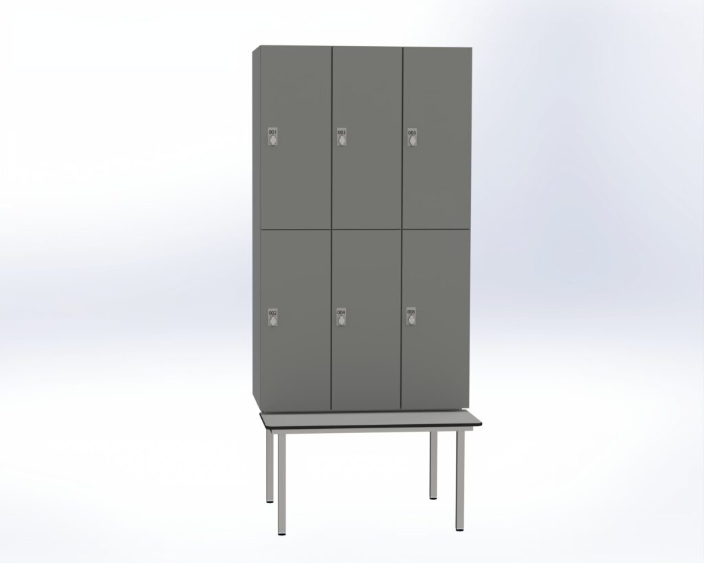 Trockenraum-Spind mit Untergebauter Sitzbank   - 3 Abt. Dunkelgrau Drehriegel
