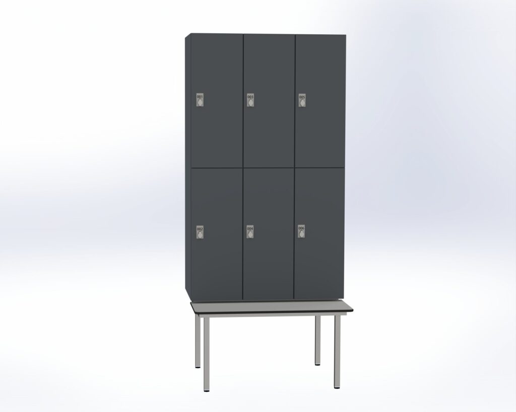 Trockenraum-Spind mit Untergebauter Sitzbank  - 3 Abt. Graphitgrau Drehriegel