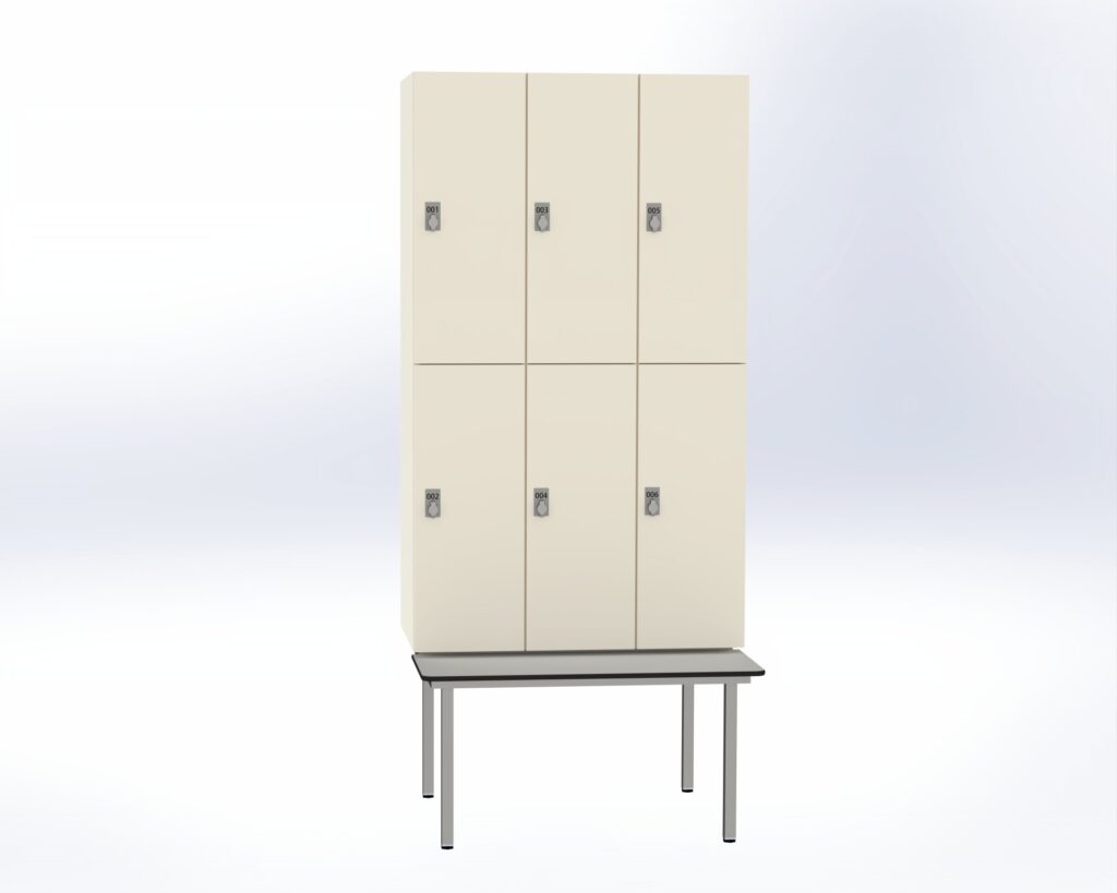 Trockenraum-Spind mit Untergebauter Sitzbank  - 3 Abt. Weiß Drehriegel