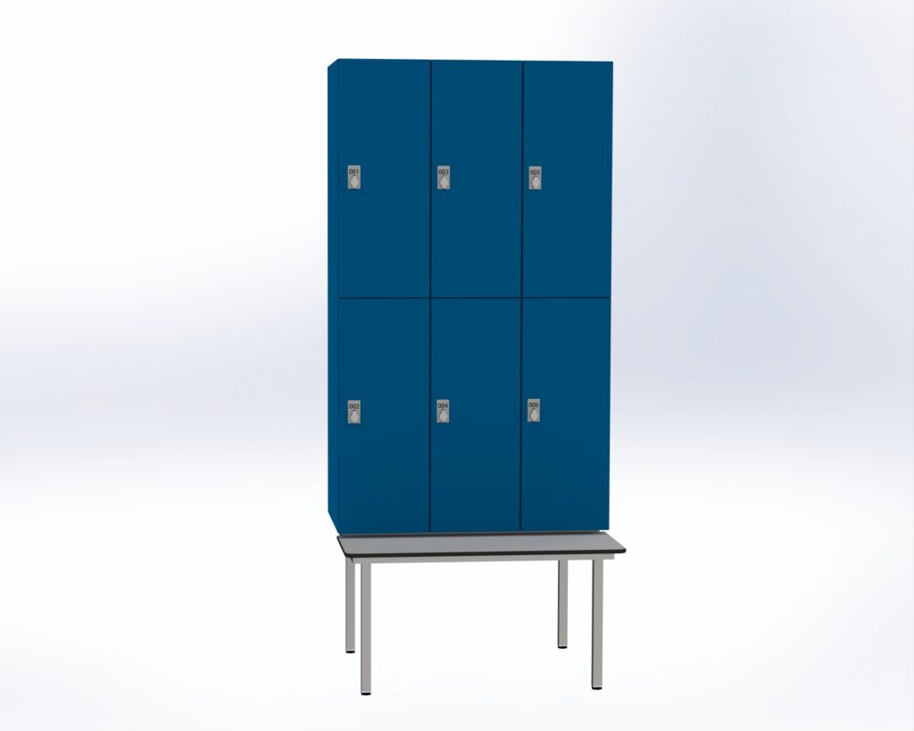 Trockenraum-Spind mit Untergebauter Sitzbank  - 3 Abt. Enzianblau Drehriegel