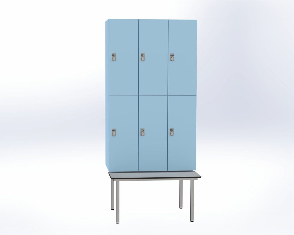 Trockenraum-Spind mit Untergebauter Sitzbank  - 3 Abt. Arktis Drehriegel