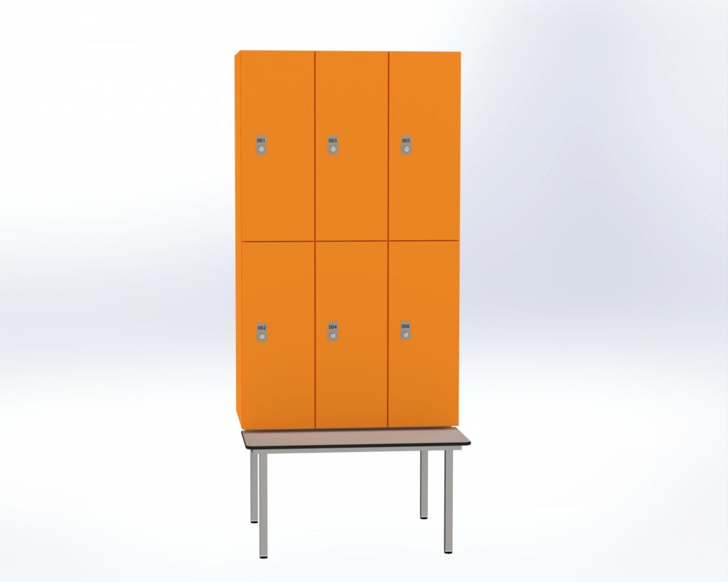 Trockenraum-Spind mit Untergebauter Sitzbank - 3 Abt. Mandarin Zylinderschloss
