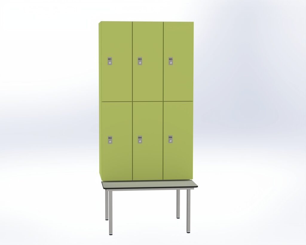 Trockenraum-Spind mit Untergebauter Sitzbank  - 3 Abt. Vivo Zylinderschloss