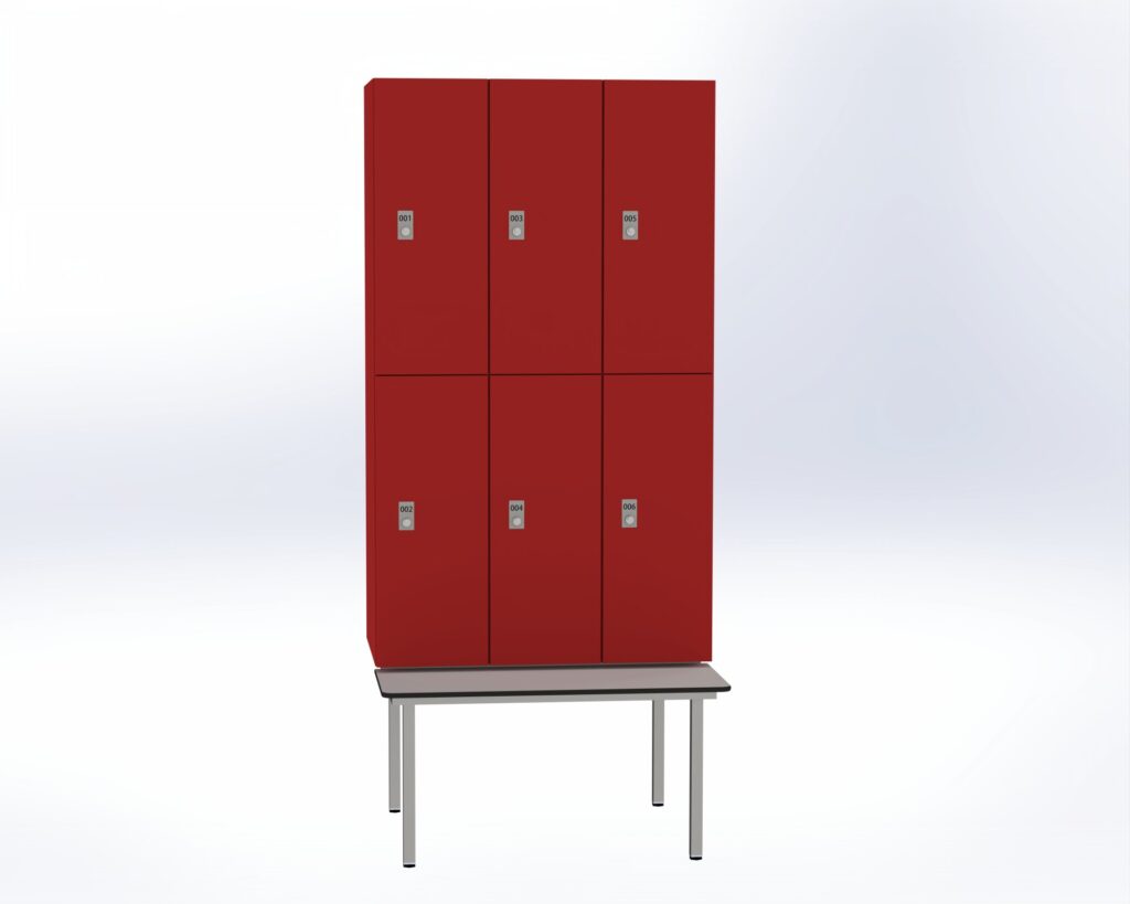 Trockenraum-Spind mit Untergebauter Sitzbank  - 3 Abt. Rot Zylinderschloss