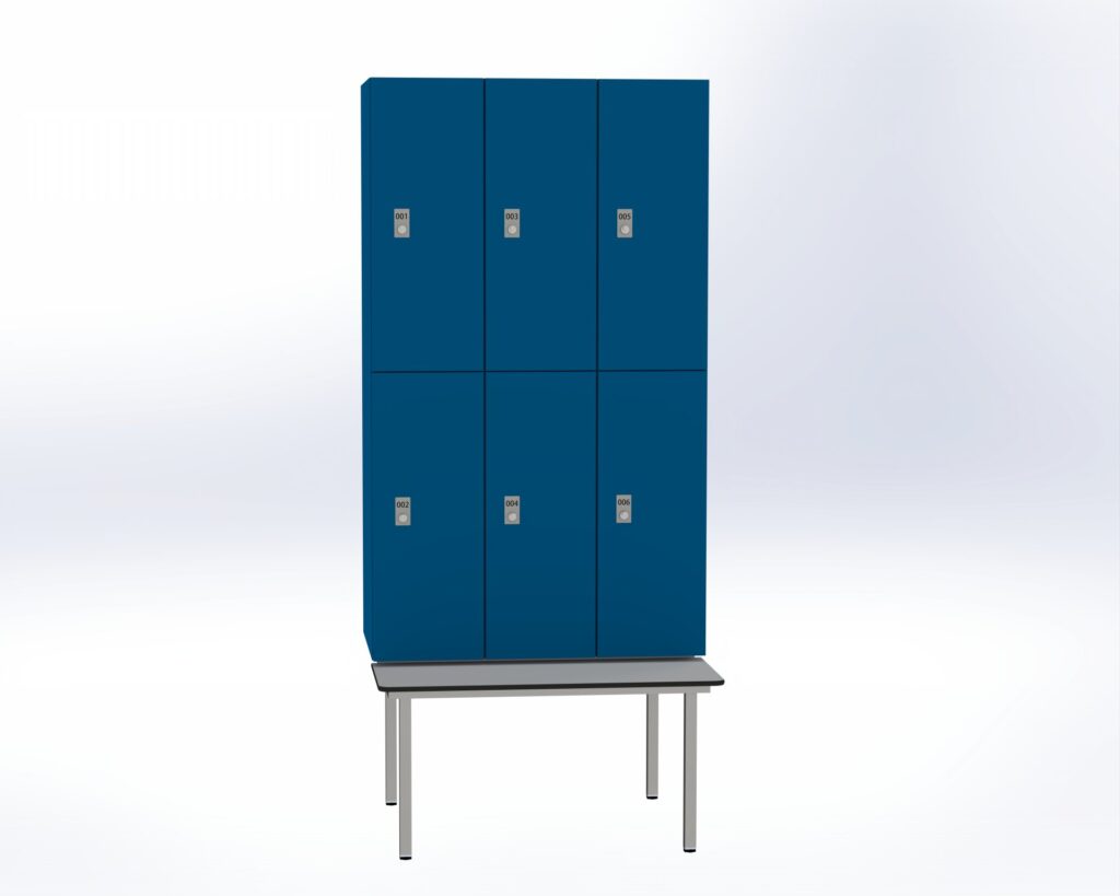Trockenraum-Spind mit Untergebauter Sitzbank  - 3 Abt. Enzianblau Zylinderschloss