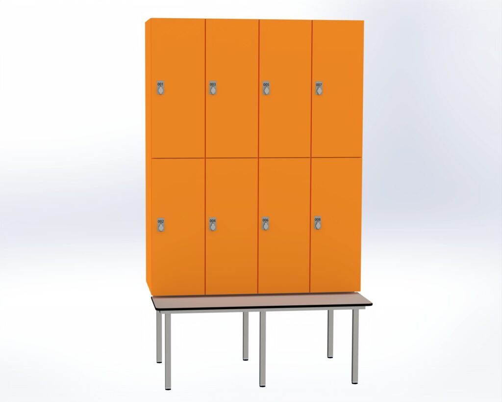 Trockenraum-Spind mit Untergebauter Sitzbank - 4 Abt. Mandarin Drehriegel