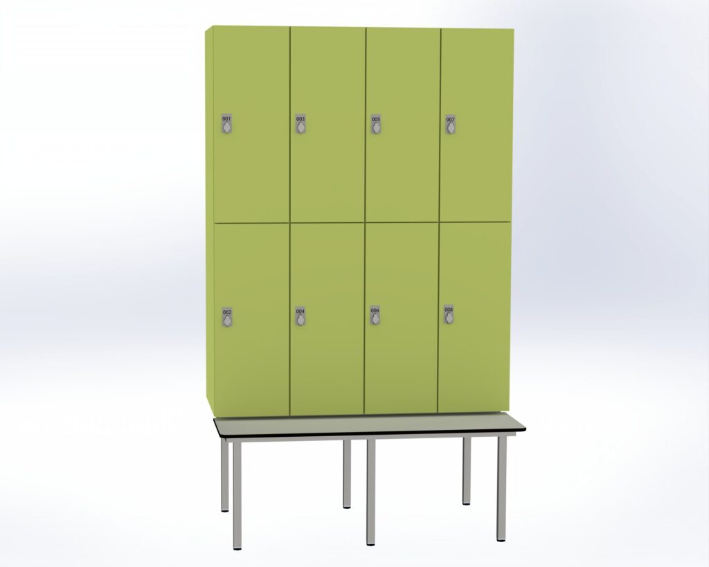 Trockenraum-Spind mit Untergebauter Sitzbank  - 4 Abt. Vivo Drehriegel
