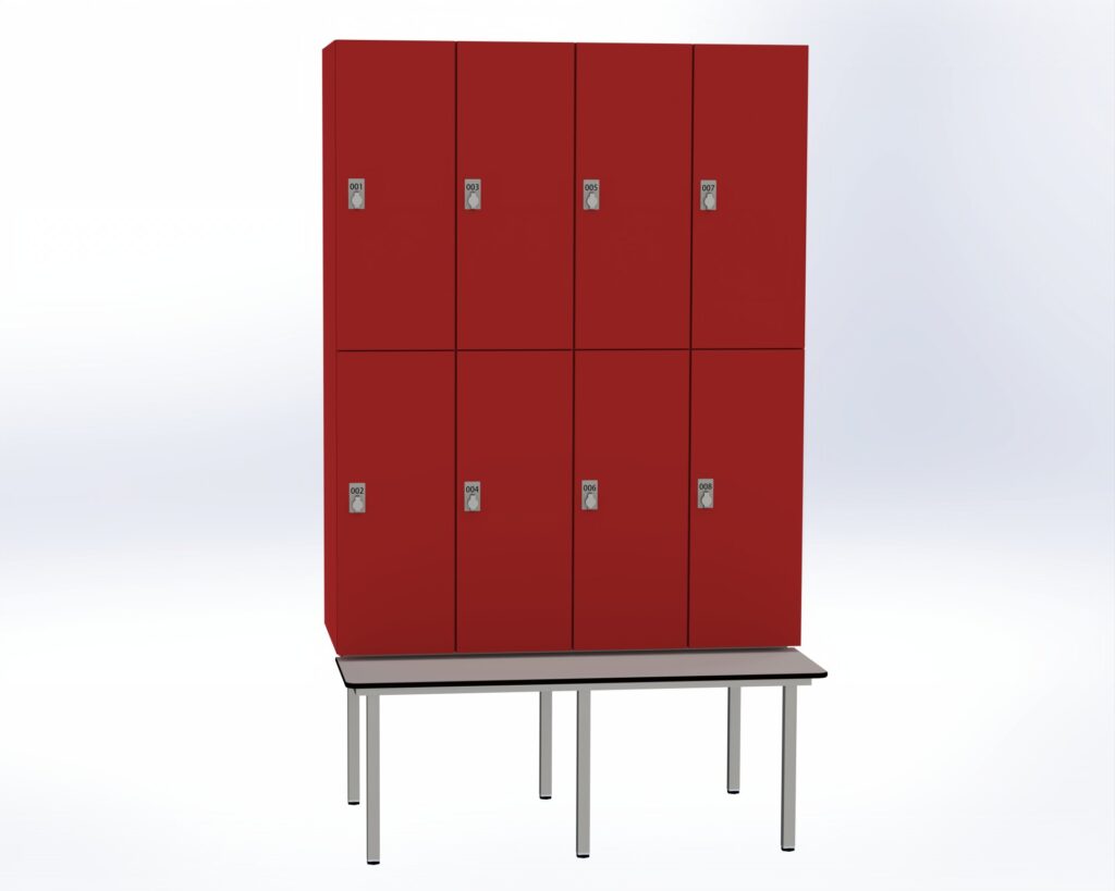 Trockenraum-Spind mit Untergebauter Sitzbank  - 4 Abt. Rot Drehriegel