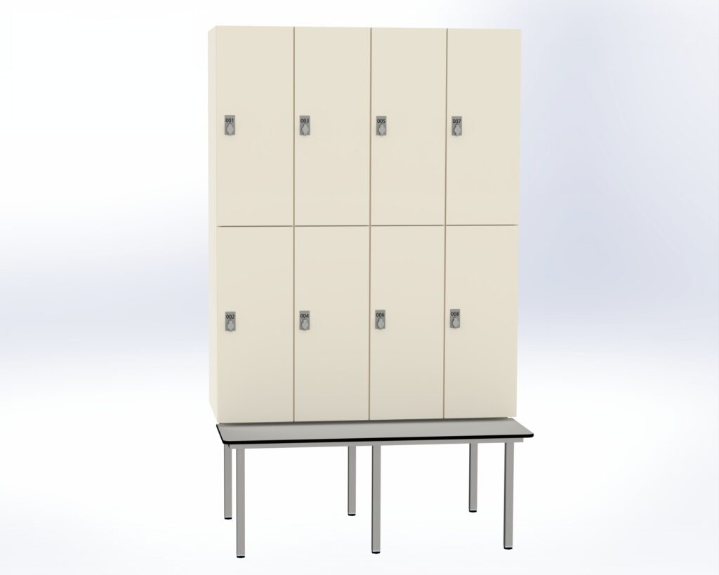 Trockenraum-Spind mit Untergebauter Sitzbank  - 4 Abt. Weiß Drehriegel