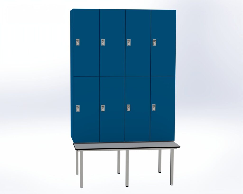 Trockenraum-Spind mit Untergebauter Sitzbank  - 4 Abt. Enzianblau Drehriegel