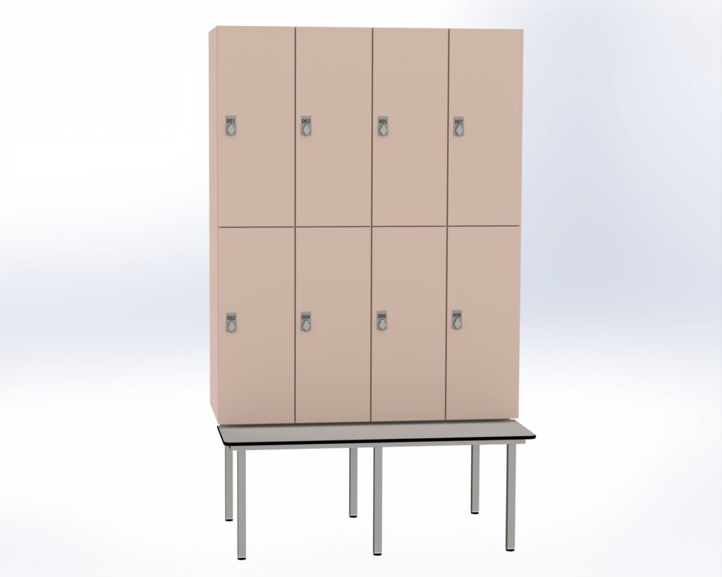 Trockenraum-Spind mit Untergebauter Sitzbank  - 4 Abt. Orichdee Drehriegel