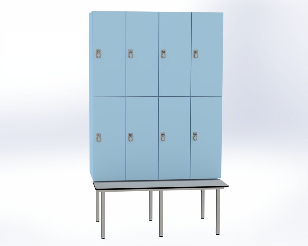 Trockenraum-Spind mit Untergebauter Sitzbank - 4 Abt. Arktis Drehriegel