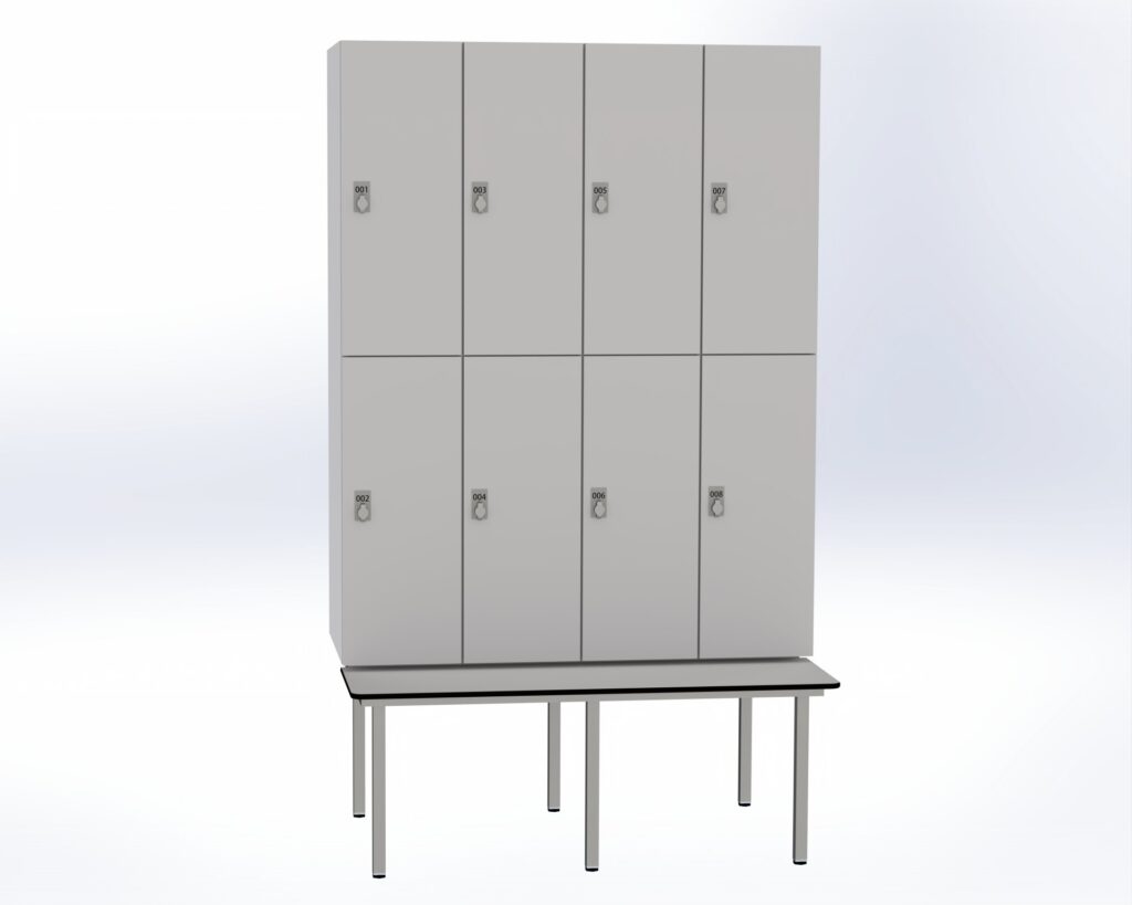 Trockenraum-Spind mit Untergebauter Sitzbank - 4 Abt. Birkengrau Drehriegel