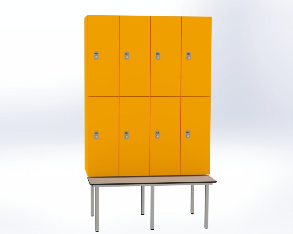 Trockenraum-Spind mit Untergebauter Sitzbank  - 4 Abt. Mango Zylinderschloss