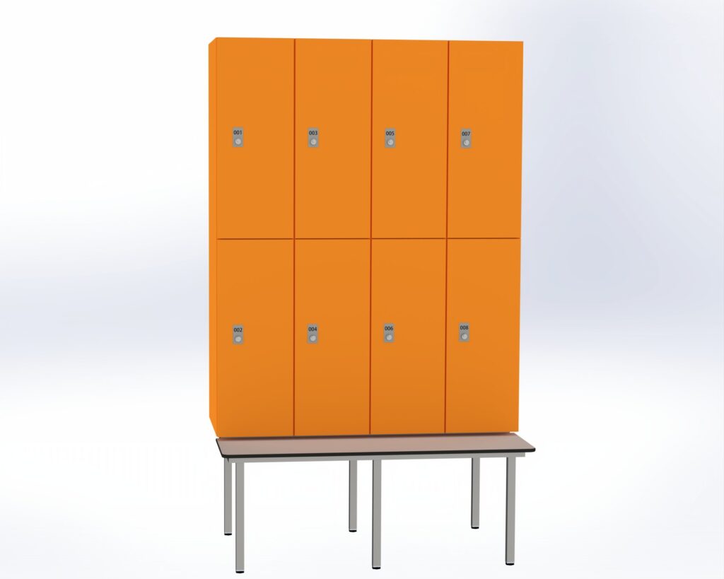 Trockenraum-Spind mit Untergebauter Sitzbank  - 4 Abt. Mandarin Zylinderschloss