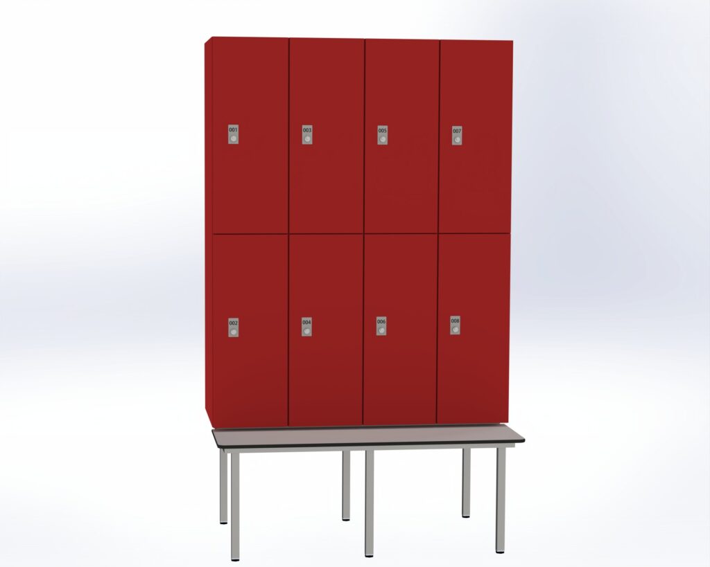 Trockenraum-Spind mit Untergebauter Sitzbank  - 4 Abt. Rot Zylinderschloss