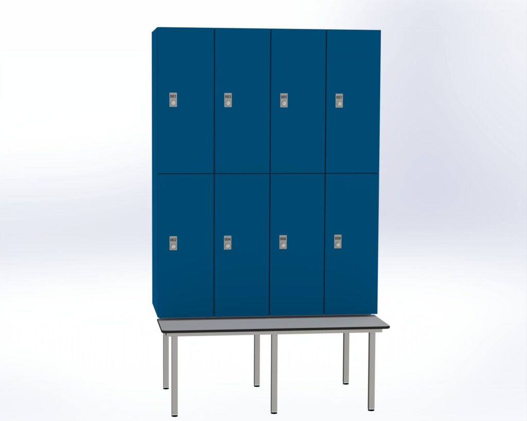 Trockenraum-Spind mit Untergebauter Sitzbank  - 4 Abt. Enzianblau Zylinderschloss