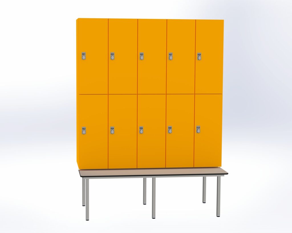 Trockenraum-Spind mit Untergebauter Sitzbank  - 5 Abt. Mango Drehriegel