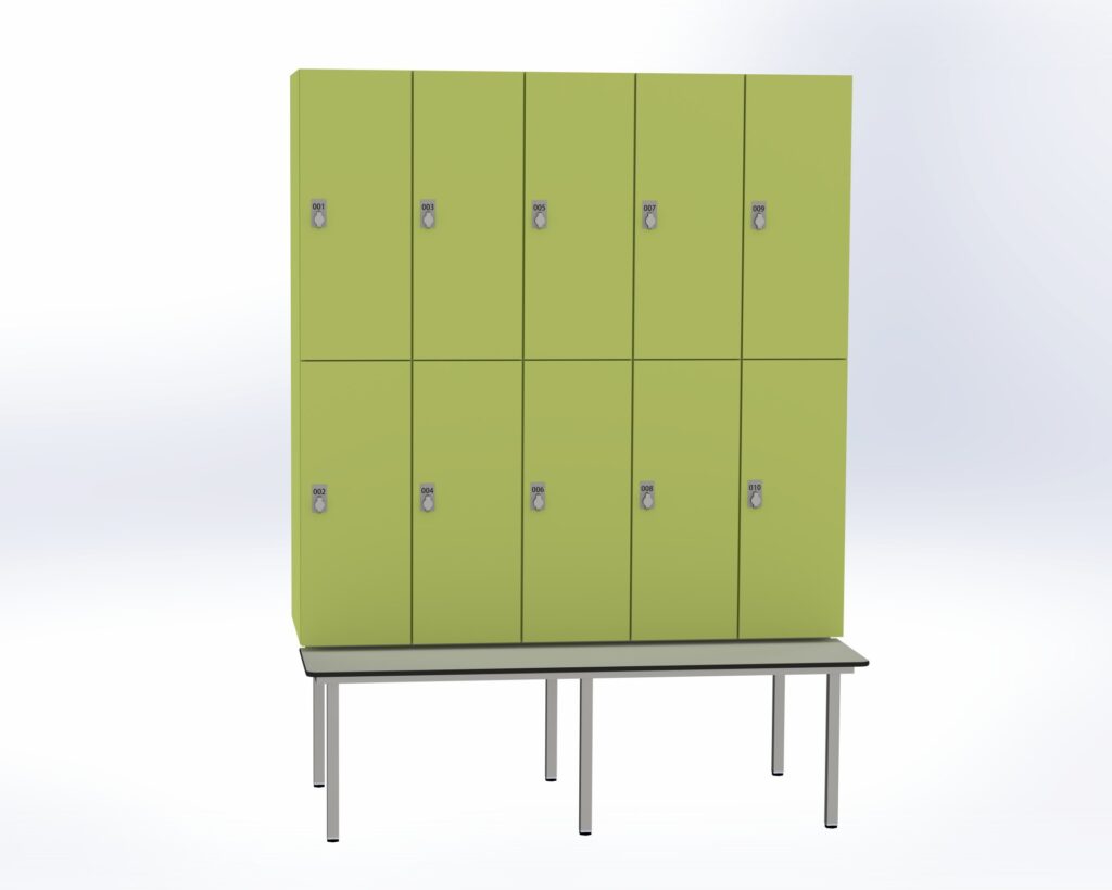 Trockenraum-Spind mit Untergebauter Sitzbank  - 5 Abt. Vivo Drehriegel