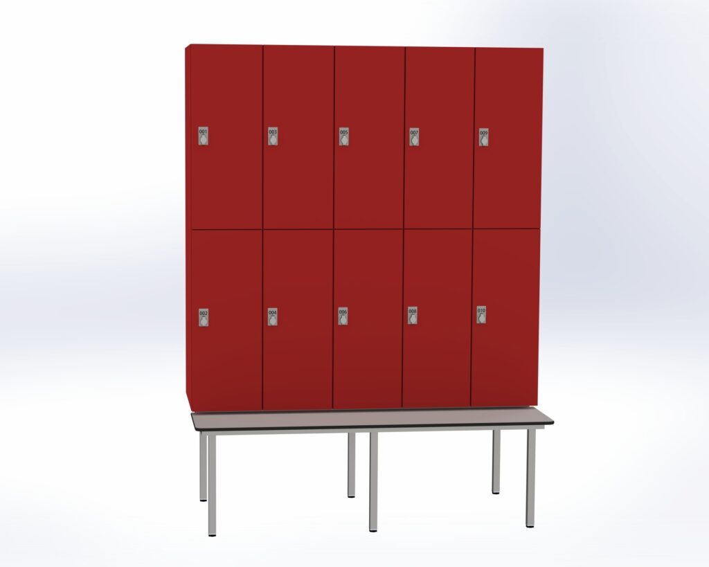 Trockenraum-Spind mit Untergebauter Sitzbank  - 5 Abt. Rot Drehriegel