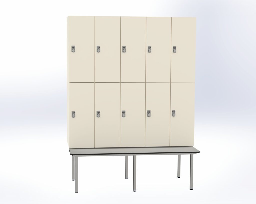 Trockenraum-Spind mit Untergebauter Sitzbank  - 5 Abt. Weiß Drehriegel