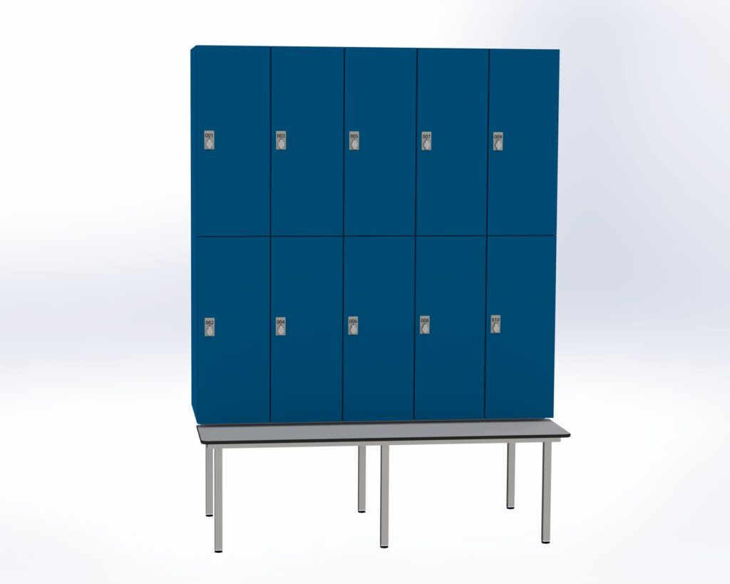 Trockenraum-Spind mit Untergebauter Sitzbank  - 5 Abt. Enzianblau Drehriegel