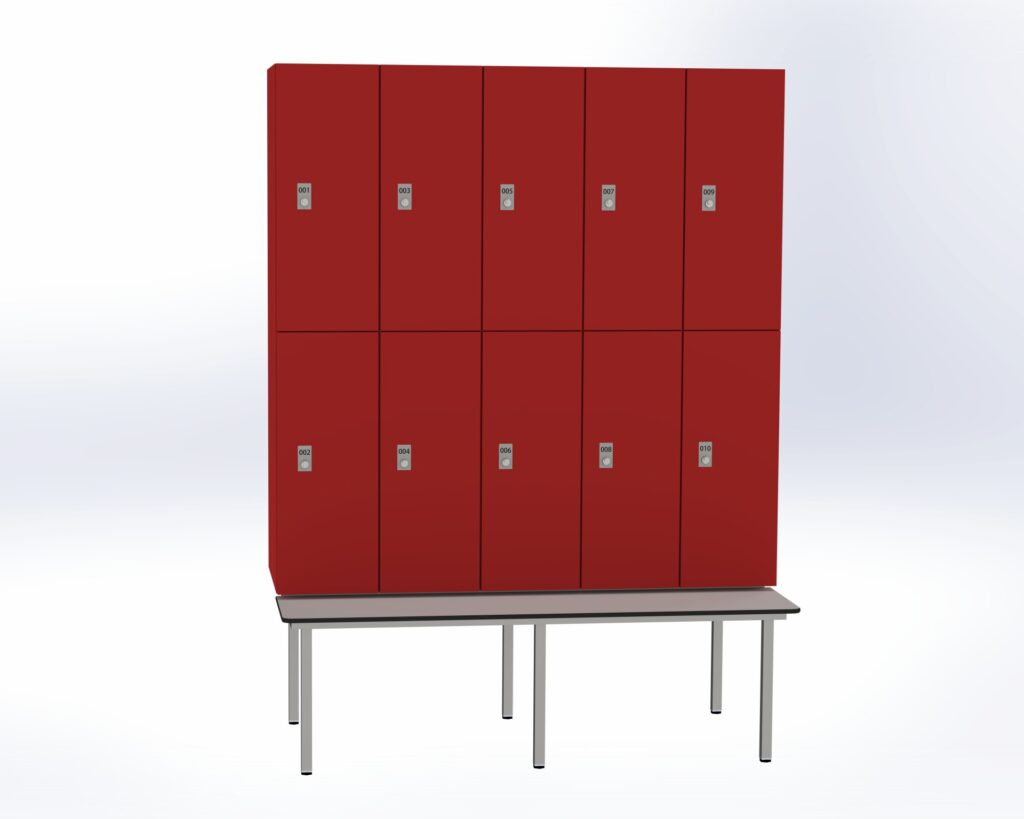 Trockenraum-Spind mit Untergebauter Sitzbank  - 5 Abt. Rot Zylinderschloss