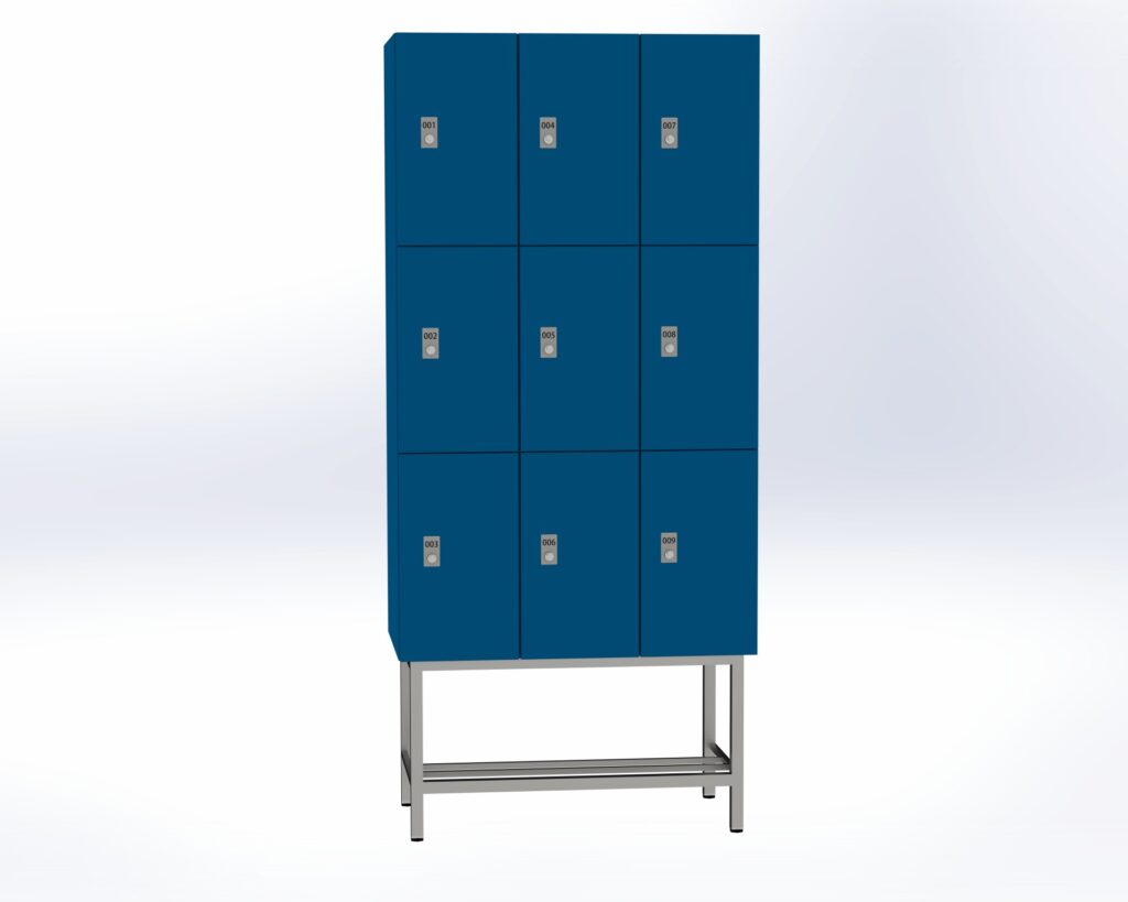 Trockenraum-Spind mit Untergestell - 3 Abt. Enzianblau Zylinderschloss