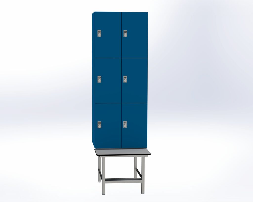 Trockenraum-Spind mit Untergebauter Sitzbank mit Schuhrost - 2 Abt. Enzianblau Drehriegel