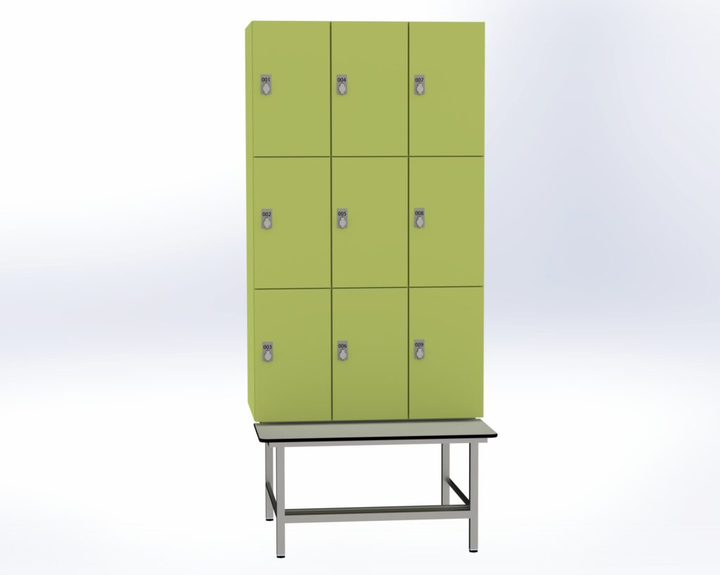 Trockenraum-Spind mit Untergebauter Sitzbank mit Schuhrostl - 3 Abt. Vivo Drehriegel