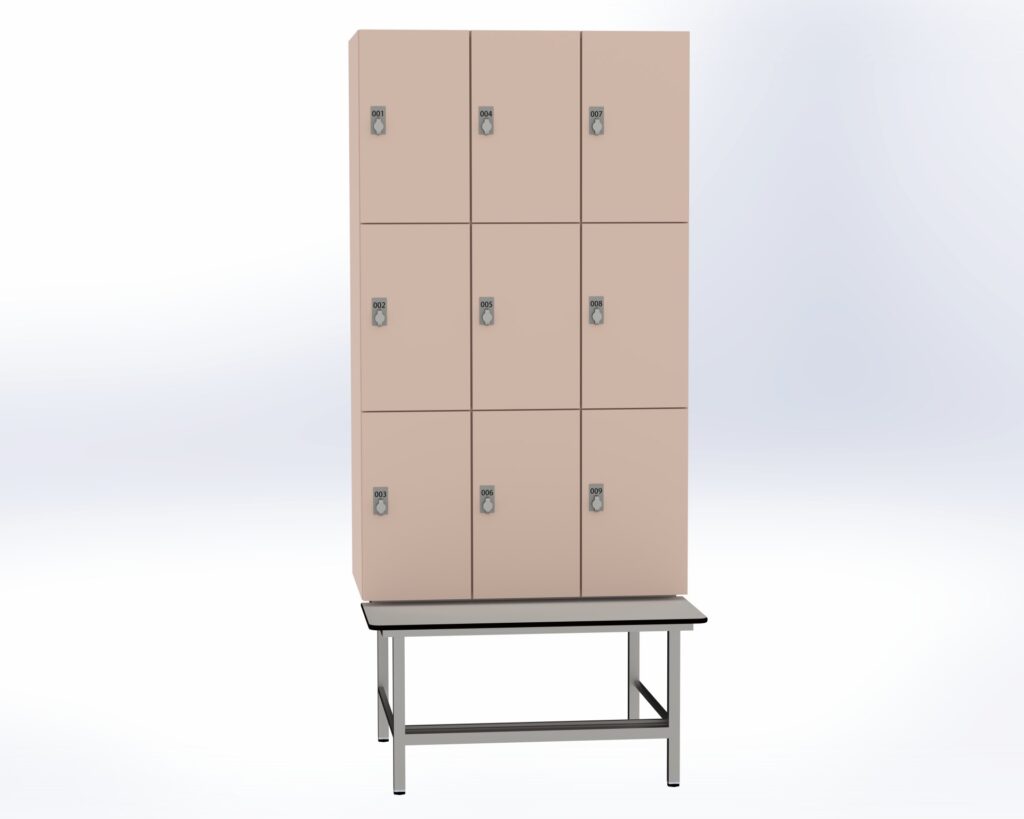 Trockenraum-Spind mit Untergebauter Sitzbank mit Schuhrost - 3 Abt. Orichdee Drehriegel
