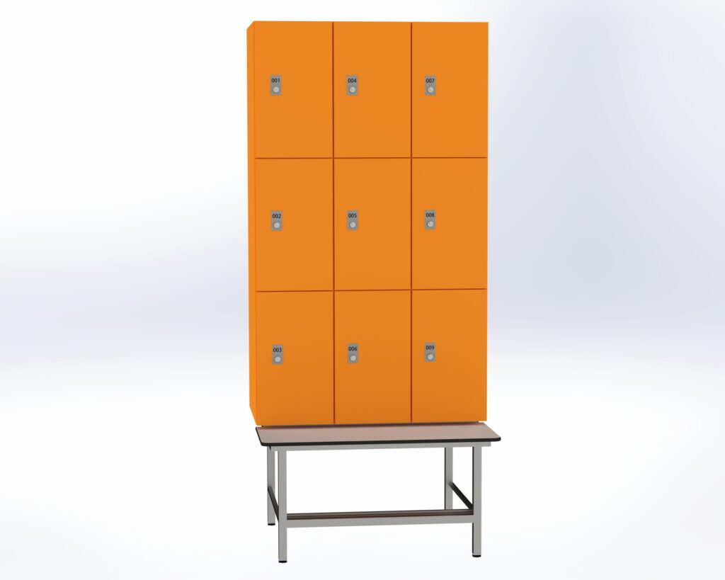 Trockenraum-Spind mit Untergebauter Sitzbank mit Schuhrost - 3 Abt. Mandarin Zylinderschloss