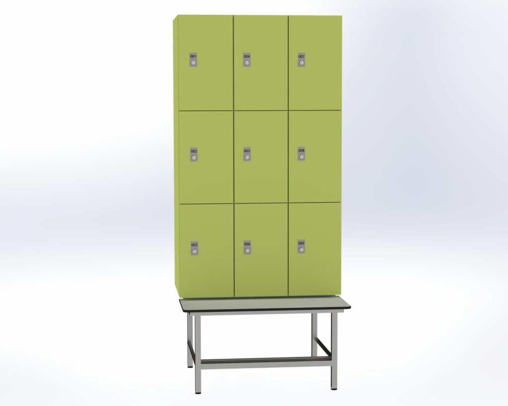 Trockenraum-Spind mit Untergebauter Sitzbank mit Schuhrostl - 3 Abt. Vivo Zylinderschloss