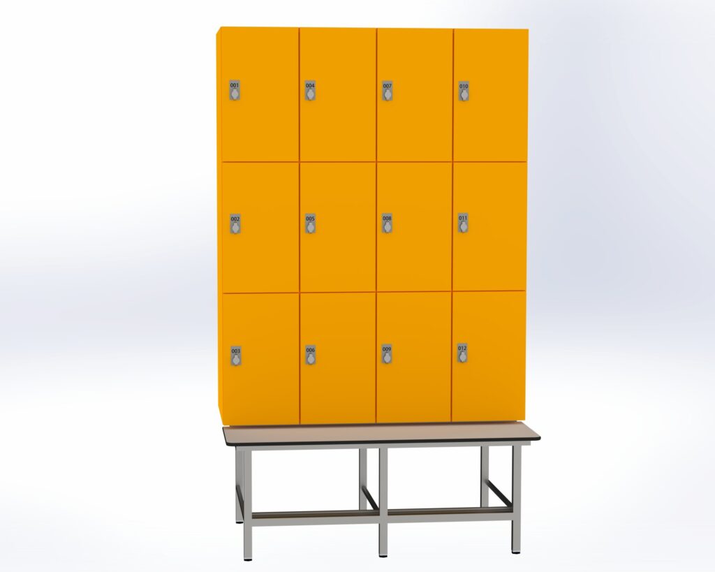 Trockenraum-Spind mit Untergebauter Sitzbank mit Schuhrost - 4 Abt. Mango Drehriegel