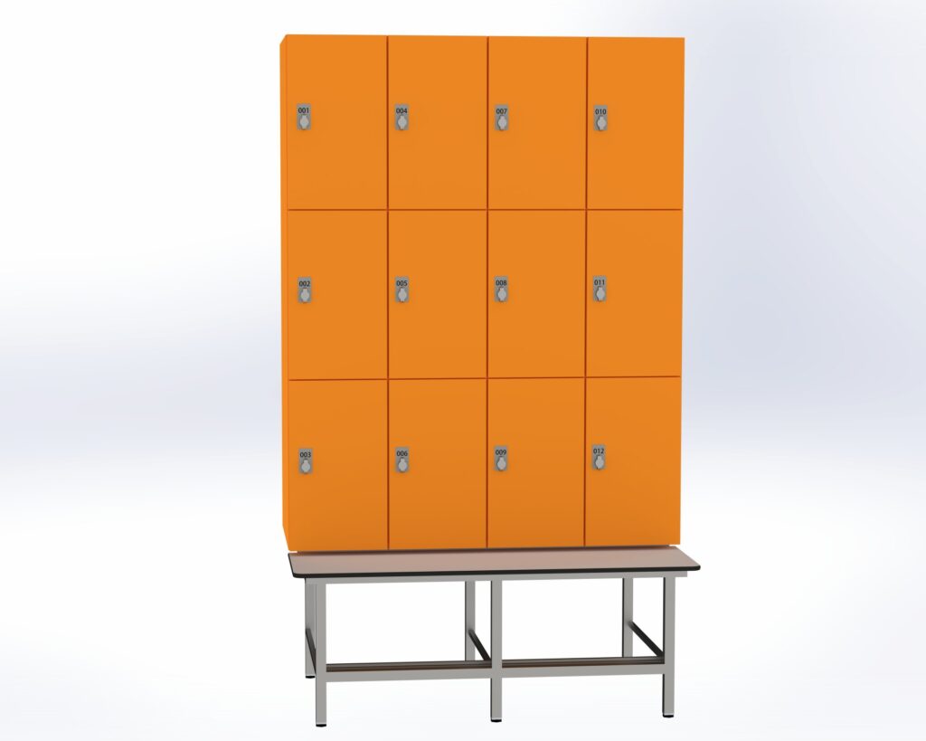 Trockenraum-Spind mit Untergebauter Sitzbank mit Schuhrost - 4 Abt. Mandarin Drehriegel