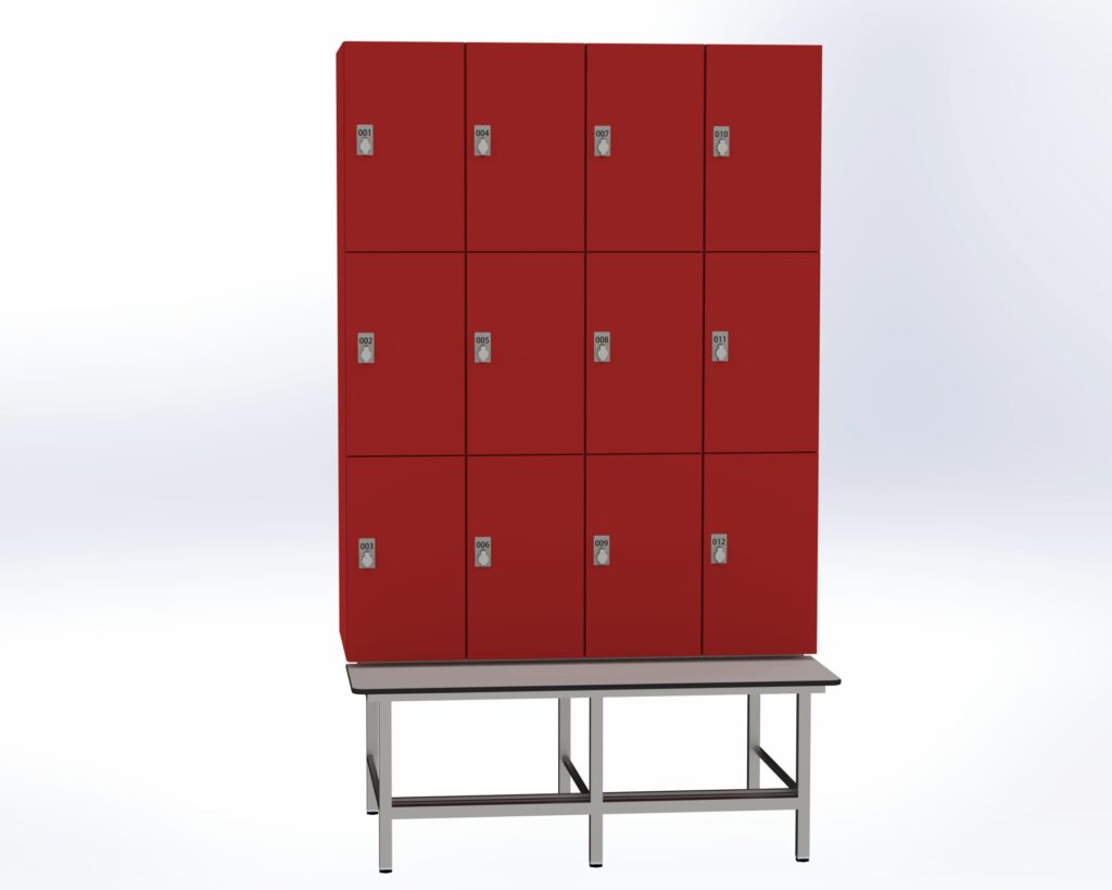 Trockenraum-Spind mit Untergebauter Sitzbank mit Schuhrost - 4 Abt. Rot Drehriegel