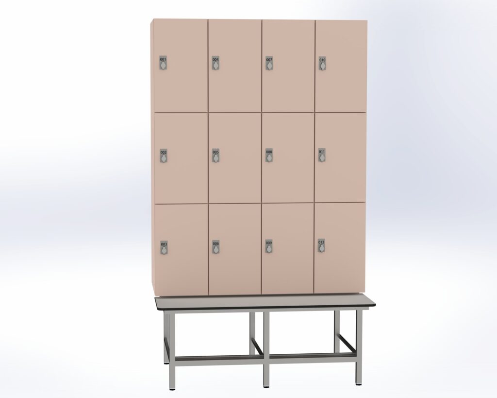 Trockenraum-Spind mit Untergebauter Sitzbank mit Schuhrost - 4 Abt. Orichdee Drehriegel