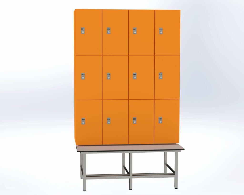 Trockenraum-Spind mit Untergebauter Sitzbank mit Schuhrost - 4 Abt. Mandarin Zylinderschloss