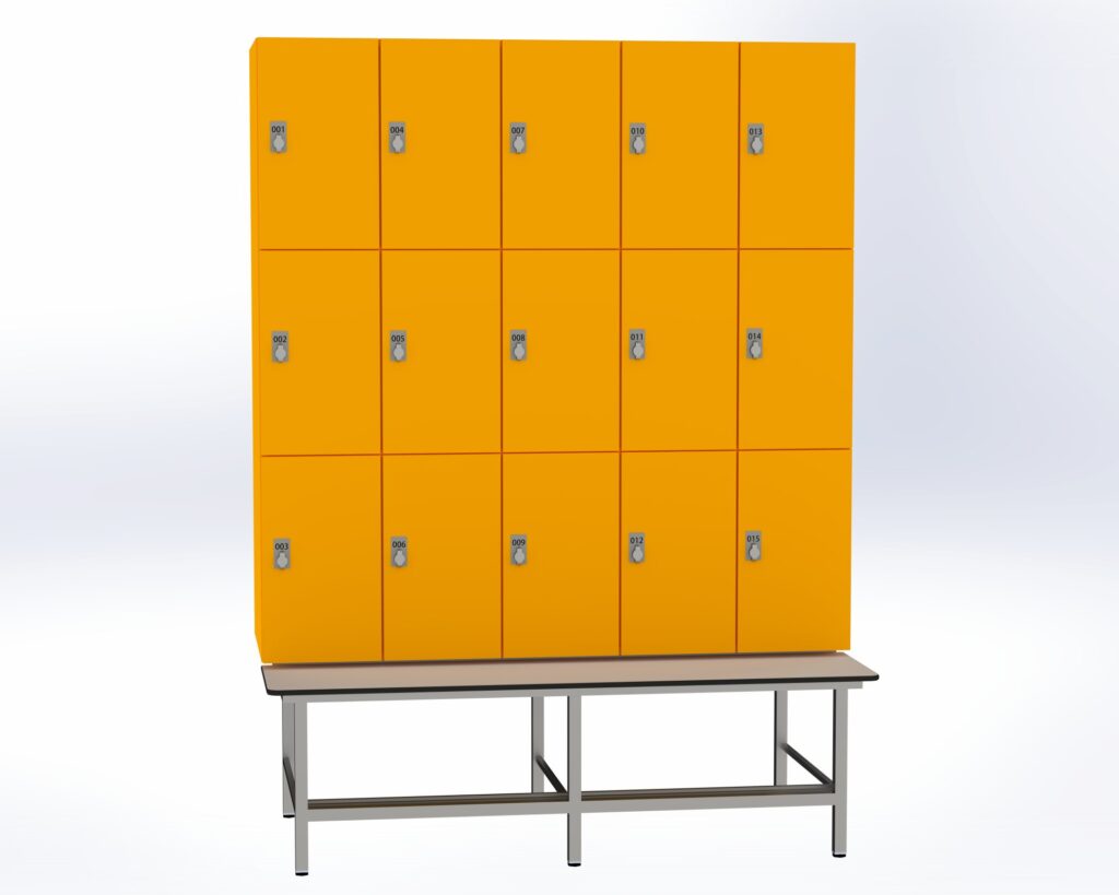 Trockenraum-Spind mit Untergebauter Sitzbank mit Schuhrost - 5 Abt. Mango Drehriegel