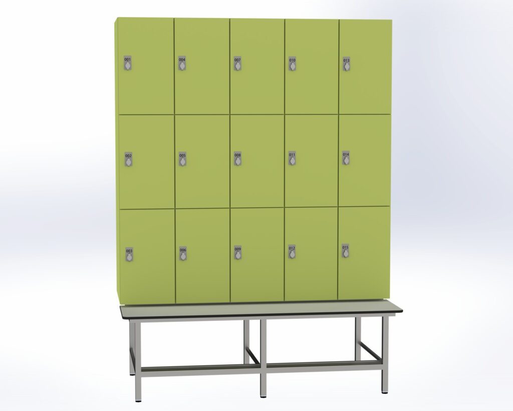 Trockenraum-Spind mit Untergebauter Sitzbank mit Schuhrost - 5 Abt. Vivo Drehriegel