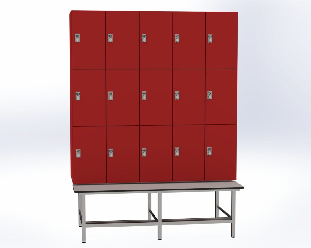 Trockenraum-Spind mit Untergebauter Sitzbank mit Schuhrost - 5 Abt. Rot Drehriegel