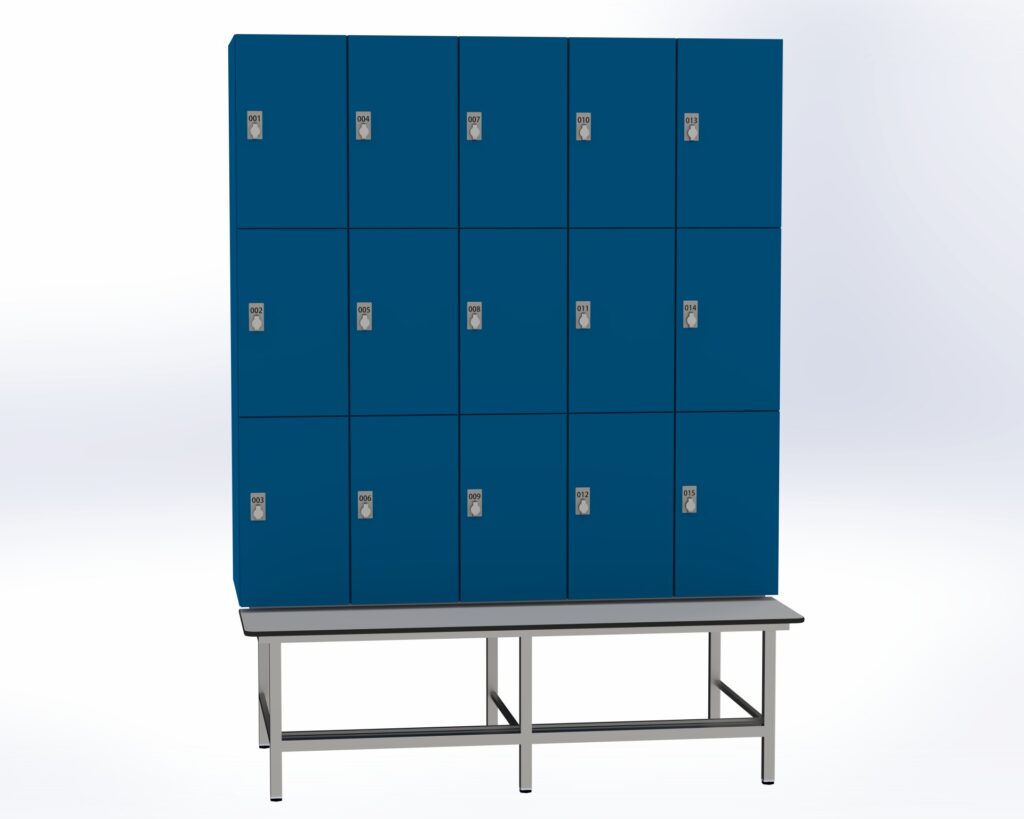 Trockenraum-Spind mit Untergebauter Sitzbank mit Schuhrost - 5 Abt. Enzianblau Drehriegel
