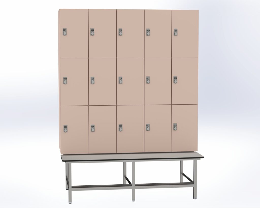 Trockenraum-Spind mit Untergebauter Sitzbank mit Schuhrost - 5 Abt. Orichdee Drehriegel