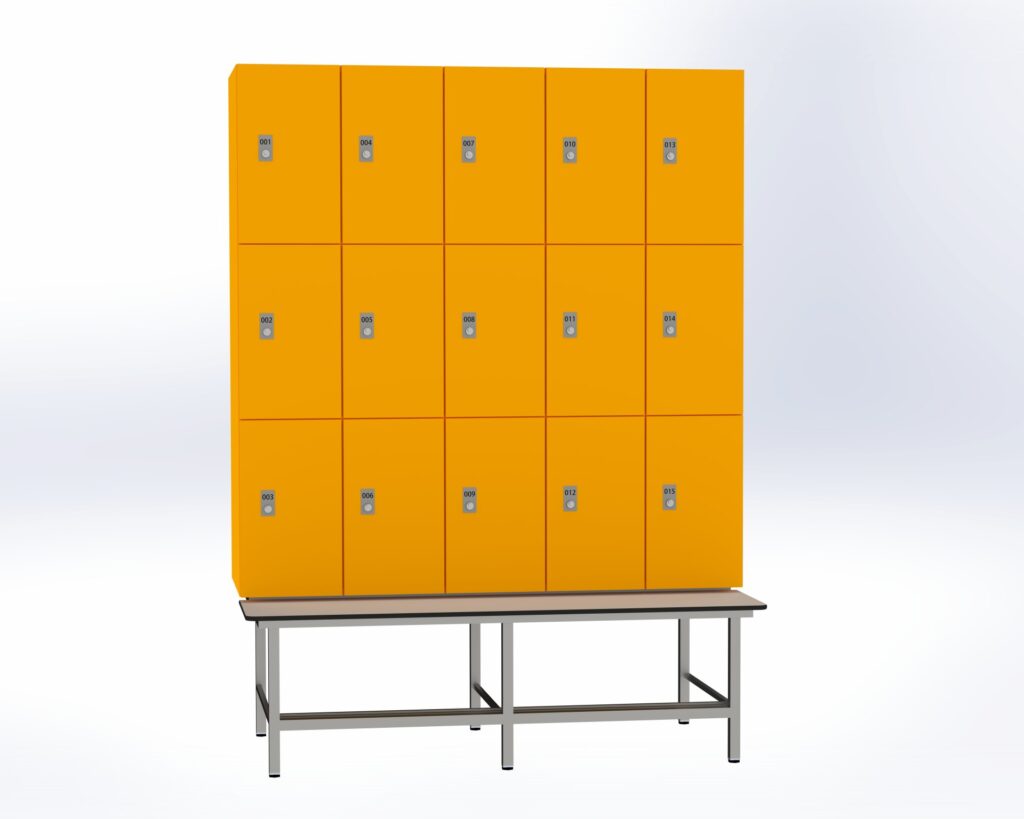 Trockenraum-Spind mit Untergebauter Sitzbank mit Schuhrost - 5 Abt. Mango Zylinderschloss