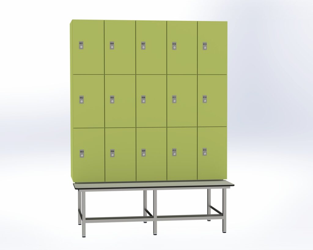 Trockenraum-Spind mit Untergebauter Sitzbank mit Schuhrost - 5 Abt. Vivo Zylinderschloss