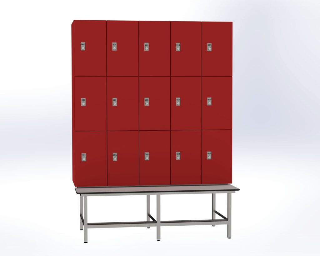 Trockenraum-Spind mit Untergebauter Sitzbank mit Schuhrost - 5 Abt. Rot Zylinderschloss