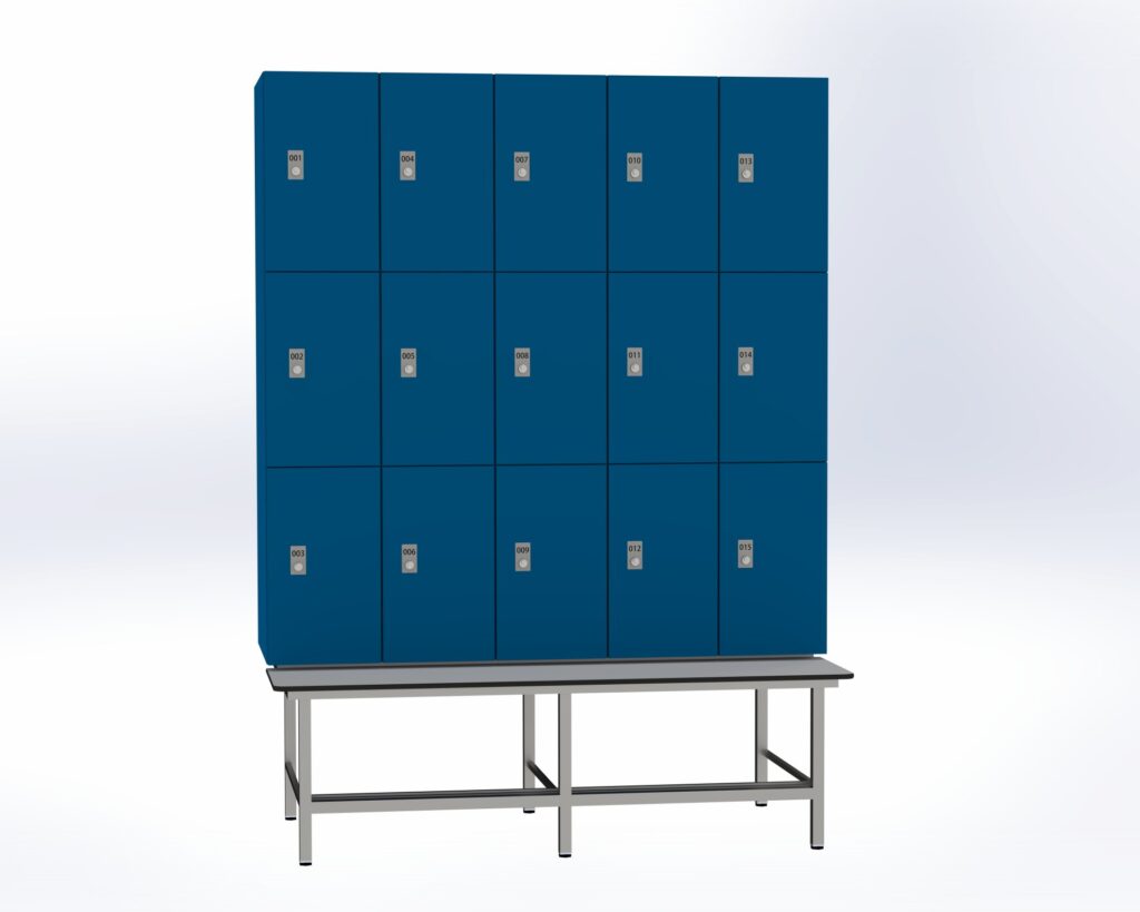 Trockenraum-Spind mit Untergebauter Sitzbank mit Schuhrost - 5 Abt. Enzianblau Zylinderschloss