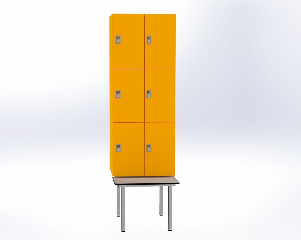Trockenraum-Spind mit Untergebauter Sitzbank  - 2 Abt. Mango Drehriegel