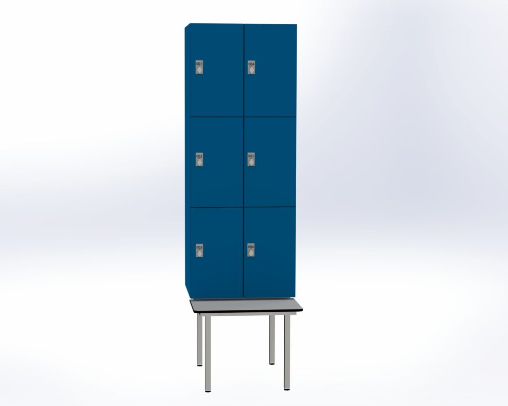 Trockenraum-Spind mit Untergebauter Sitzbank  - 2 Abt. Enzianblau Drehriegel
